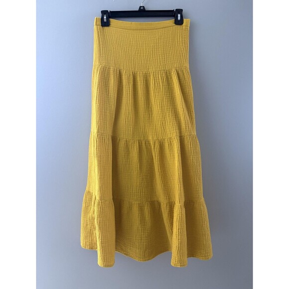 Magaschoni Tiered Skirt Size Small Yellow Organic Gauze Midi Boho Sustainable - Picture 1 of 9